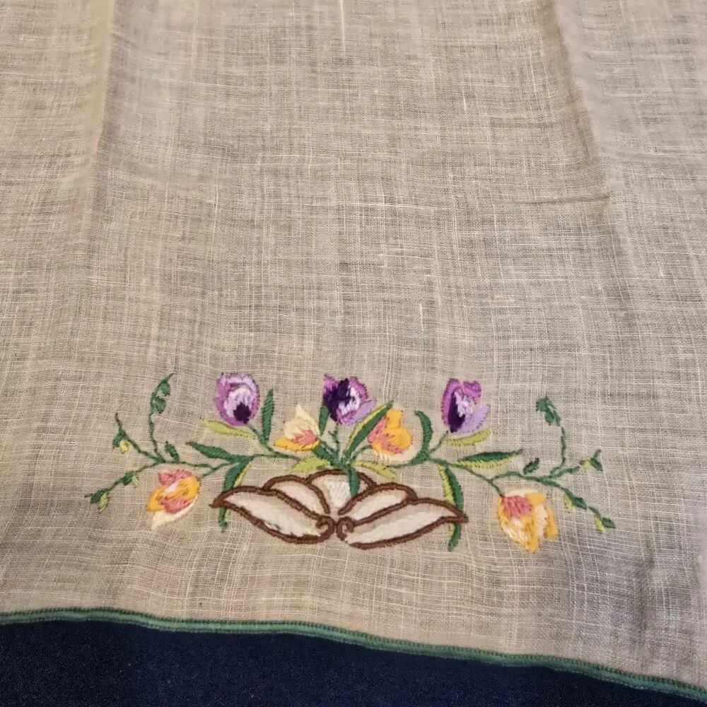 Hand Towel Peach Linen Spring Flowers Embroidery MCM 1950s Vintage